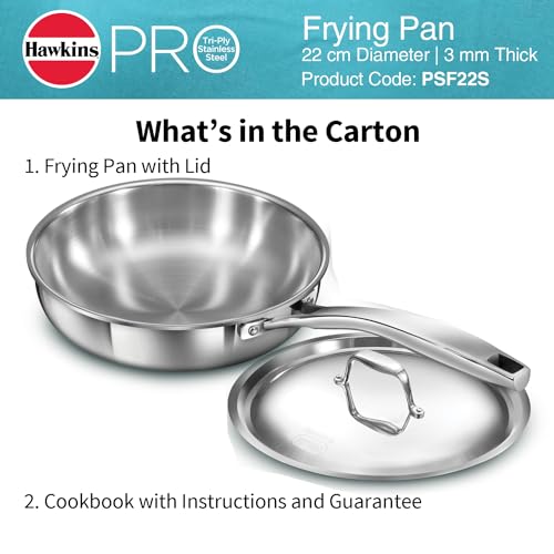 Hawkins Pro 26 cm Frying Pan, Triply Stainless Steel Fry Pan with Stainless Steel Handle and Stainless Steel Lid, Silver (PSF26S)