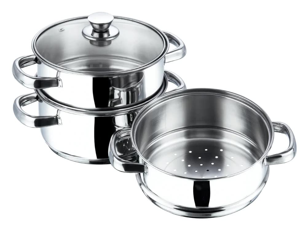 3 Tier Steamer Cooking Pan for Induction Hob, Food and Vegetable Steamer with Vented Glass Lid - 24 CM