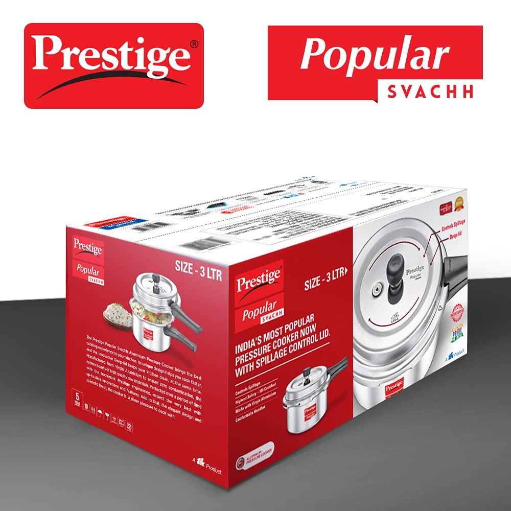 Prestige Popular Svachh Virgin Aluminium Spillage Control Outer Lid Pressure Cooker,3 Liter(Silver)