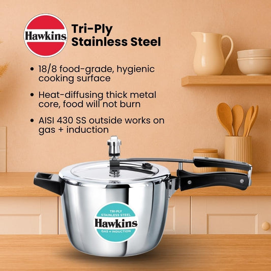 Hawkins 4.5 Litre Triply Stainless Steel Pressure Cooker, Inner Lid Cooker, Silver (HSST45)