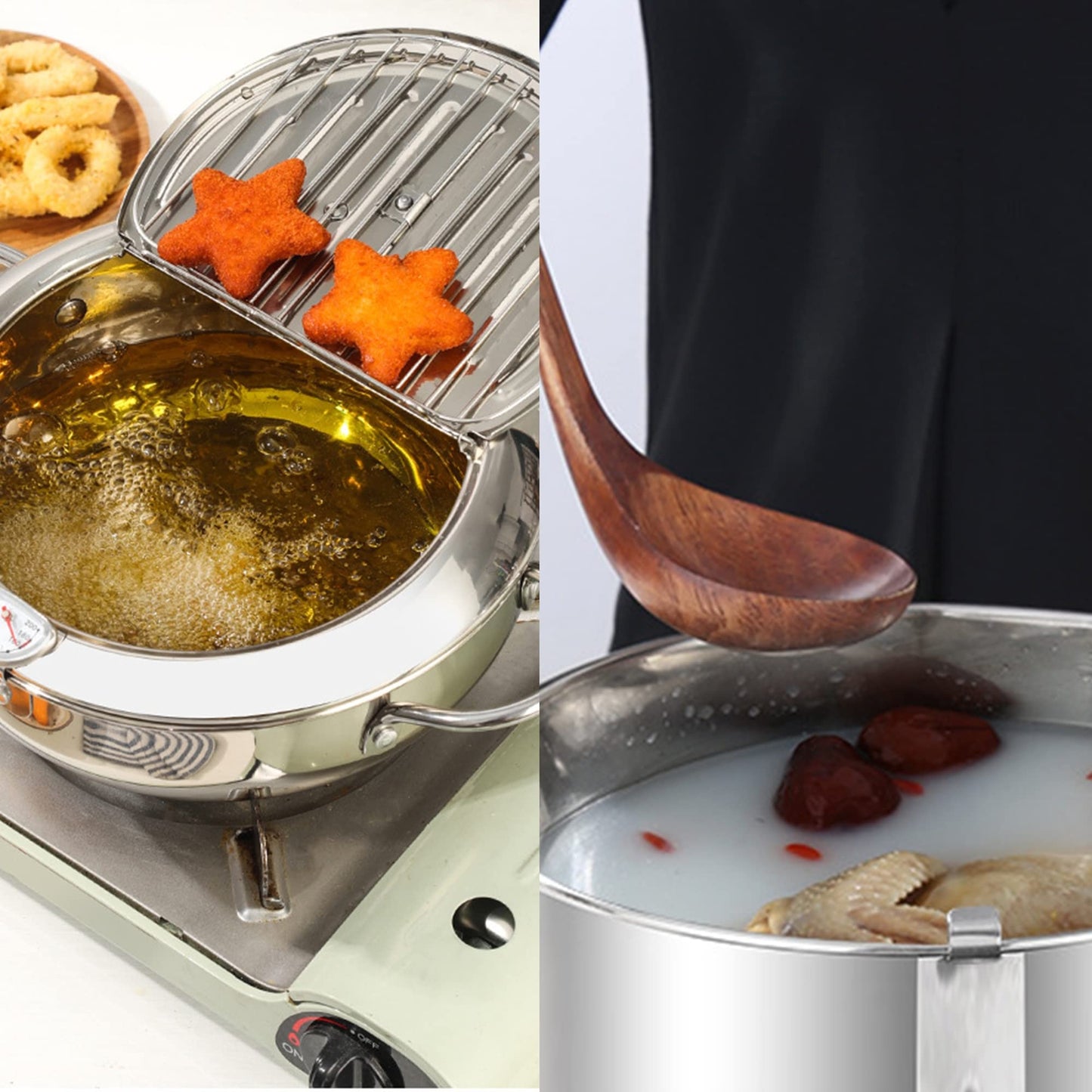 Deep Fryer Pot, Small Tempura Deep Fryer Stainless Steel Japanese Frying Pot with Thermometer, Lid and Oil Drip Drainer Rack for Home Kitchen French Fries Shrimp Chicken Wings and Shrimp(3.4L, 24CM)