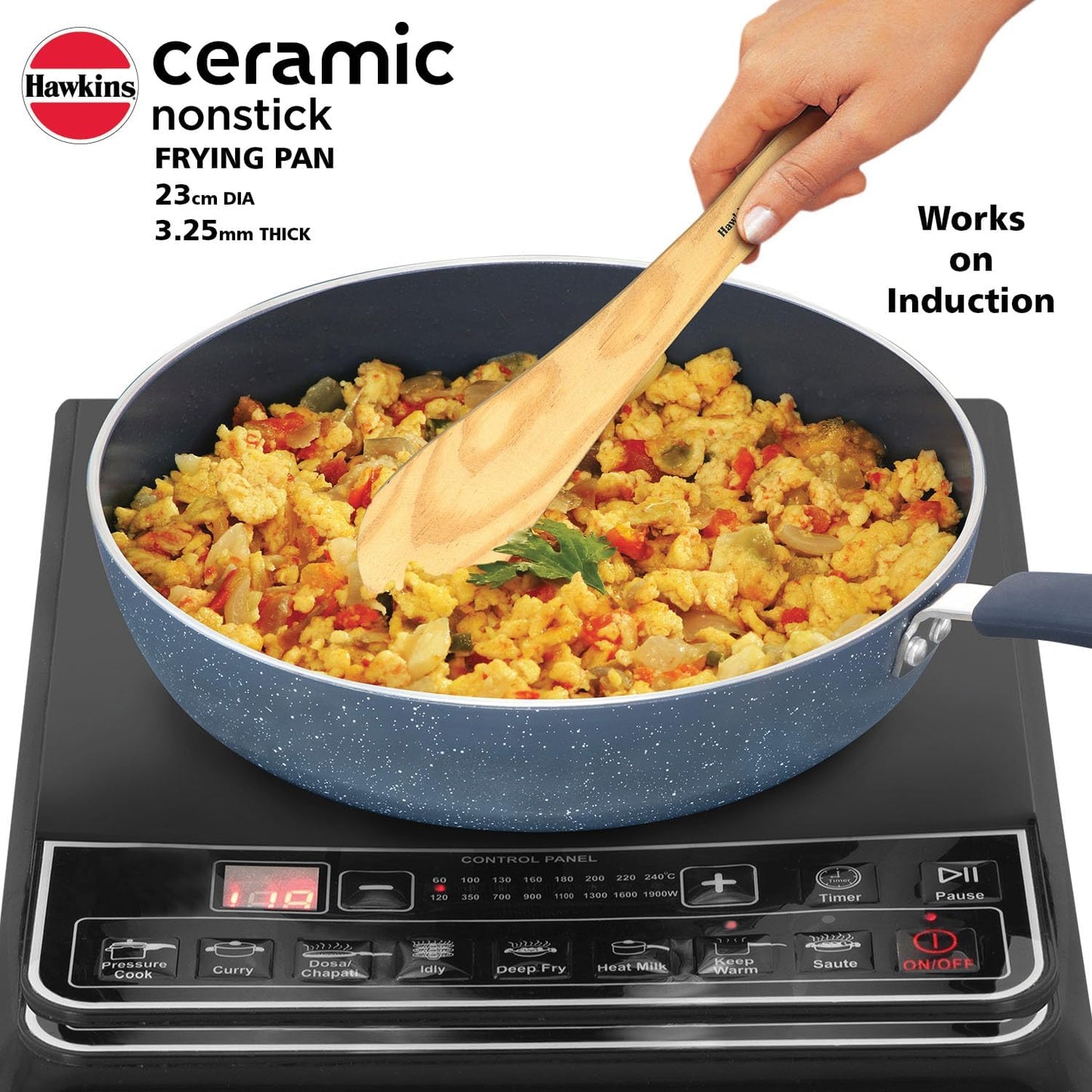 Hawkins Ceramic Nonstick Frying Pan, 24 cm Diameter, Induction Fry Pan with Glass Lid, Granite Omlette Egg Pan, Fish Pan (ICF24G)