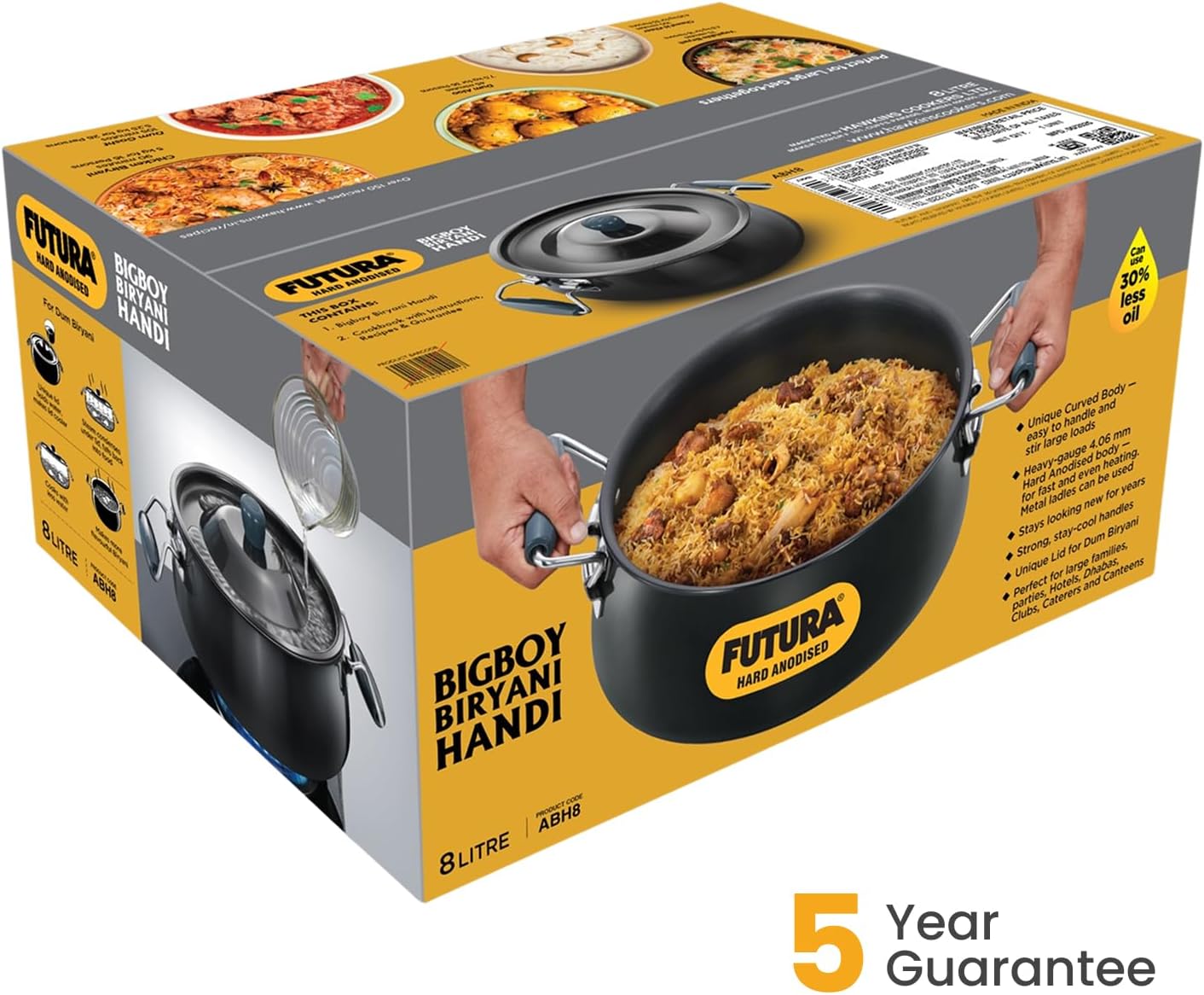 Hawkins Futura 8 Litre BigBoy Biryani Handi, Hard Anodised Pot with Hard Anodised Lid, Sauce Pan for Cooking and Serving Biriyani, Black (ABH8)
