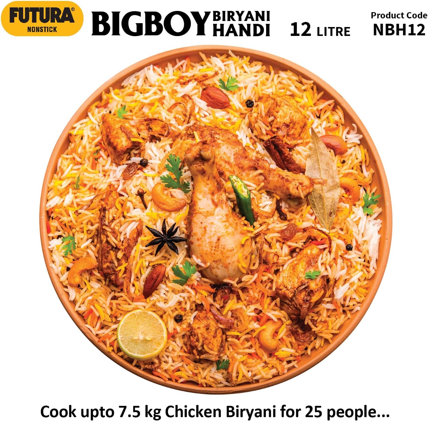 Hawkins Futura 12 Litre BigBoy Biryani Handi, Non Stick Pot with Hard Anodised Lid, Sauce Pan for Cooking and Serving Biriyani, Black (NBH12) Aluminium