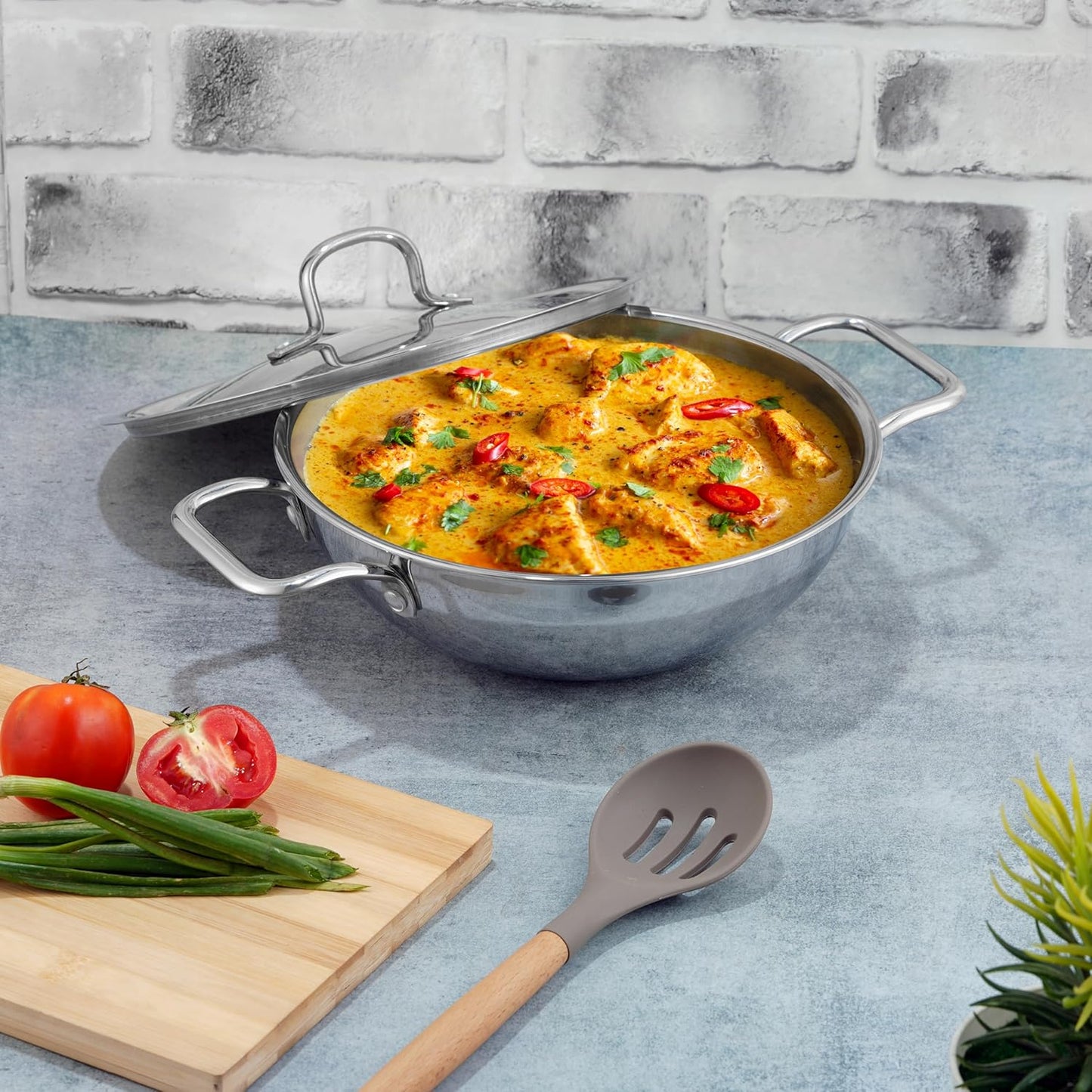 Vinod Triply Stainless Steel Cookware Kadai with Stainless Steel Handled lid Wok for Stir Fry Cooking (Diameter 18 cm)