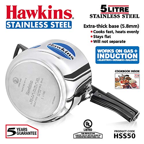 Hawkins Stainless Steel Pressure Cooker 5 Litres - Silver - Induction Compatible - HSS50