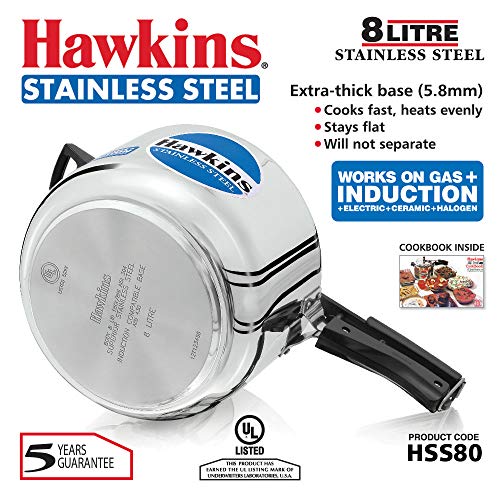 Hawkins Stainless Steel Pressure Cooker 8 Litres - Silver - induction Compatible - HSS80