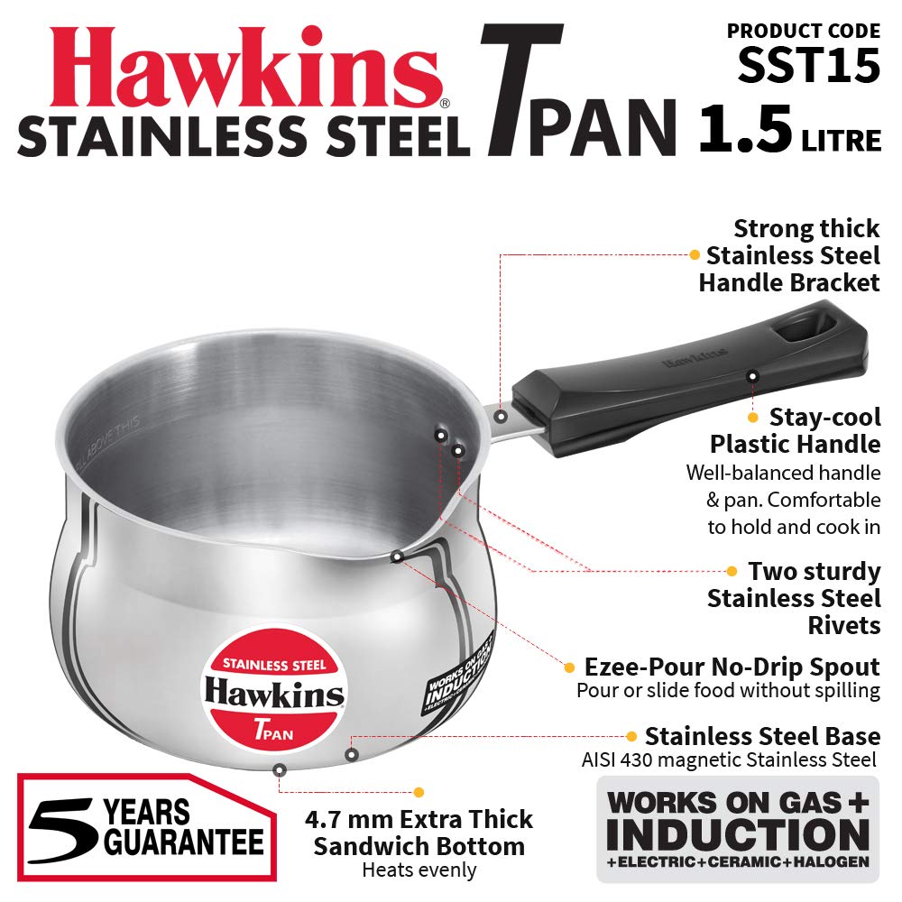 HAWKINS SST15 Stainless Steel TPan - Tea Pan - 1.5 litres - Works on Electric, Ceramic , Gas & Induction