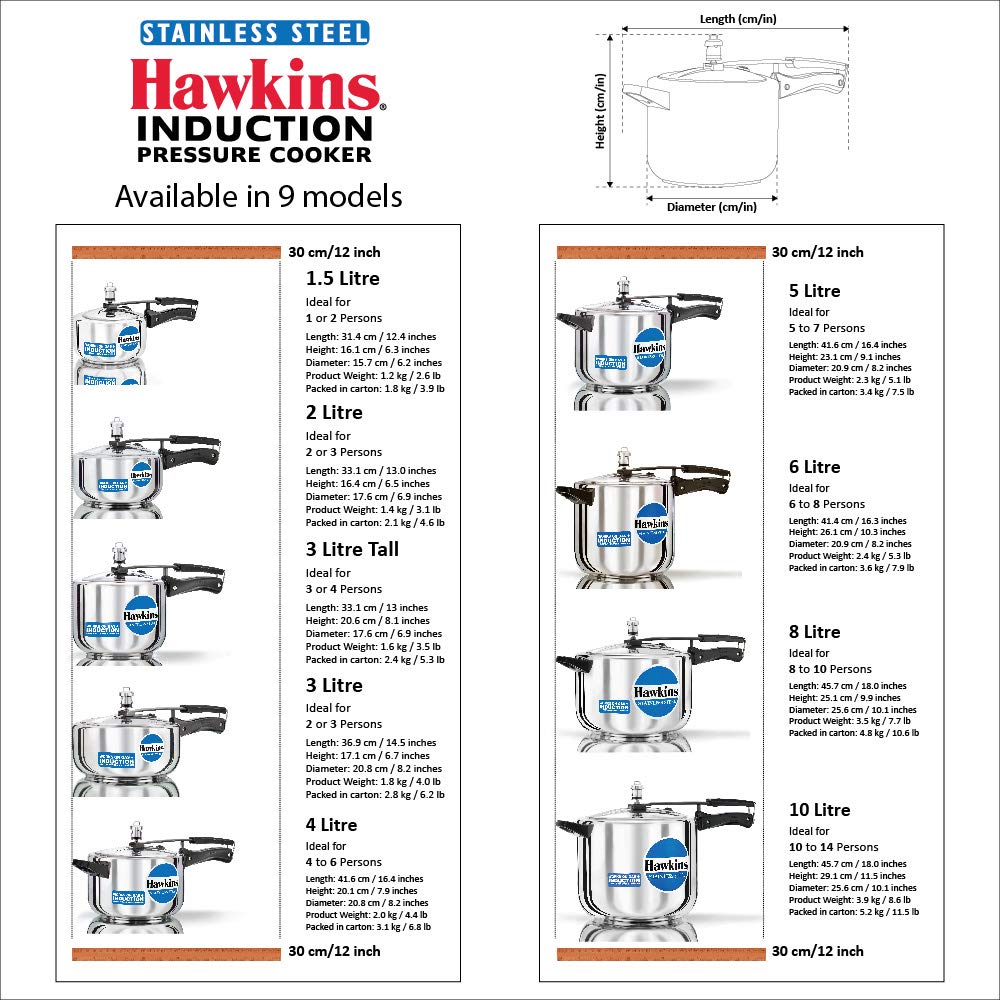 Hawkins Stainless Steel Pressure Cooker 4 Litres - Silver - Induction Compatible - HSS40