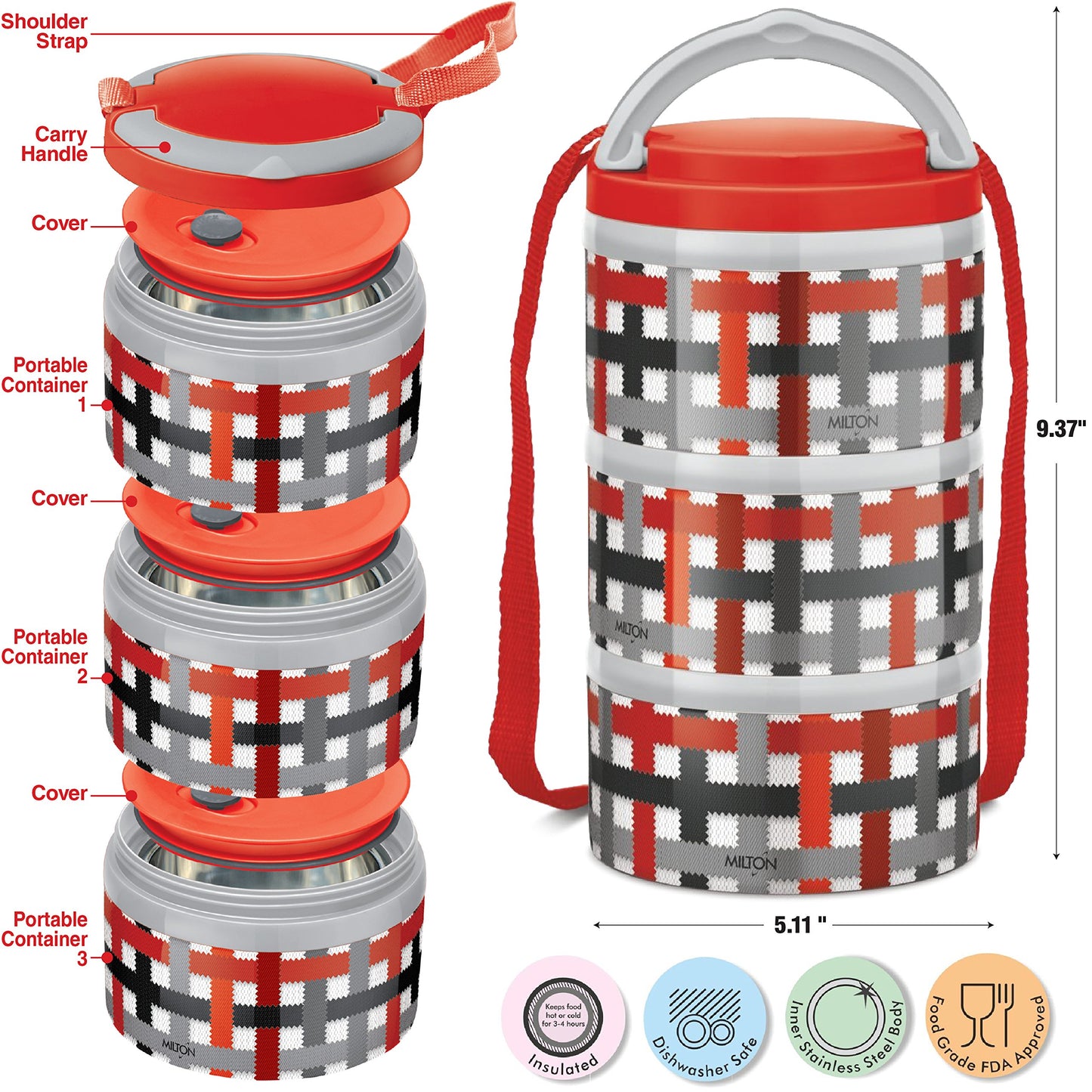 MILTON 4205 Insulated Stainless Steel Microwavable 3-Tier Lunch Box 3 Tier Red Checker