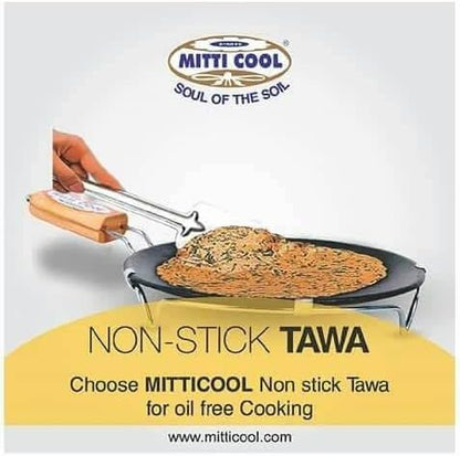 Mitti Mitti Non Stick Clay Tawa with Handle, Earthen Clay Roti Tawa/Frying Pan/Appa Chatty Cooking Pre-Seasoned Pottery Black for roti (10 inch) Black