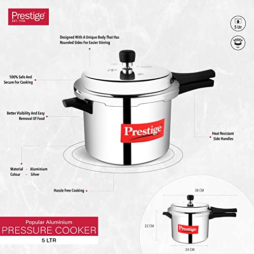 Prestige 7.5 Litres Popular Outer Lid Aluminium Pressure Cooker |Metallic Safety Plug | Gasket Release System | Silver