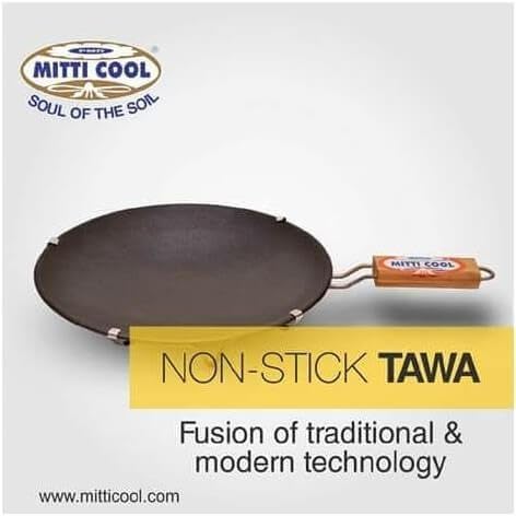 Mitti Mitti Non Stick Clay Tawa with Handle, Earthen Clay Roti Tawa/Frying Pan/Appa Chatty Cooking Pre-Seasoned Pottery Black for roti (10 inch) Black