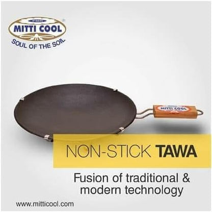 Mitti Mitti Non Stick Clay Tawa with Handle, Earthen Clay Roti Tawa/Frying Pan/Appa Chatty Cooking Pre-Seasoned Pottery Black for roti (10 inch) Black