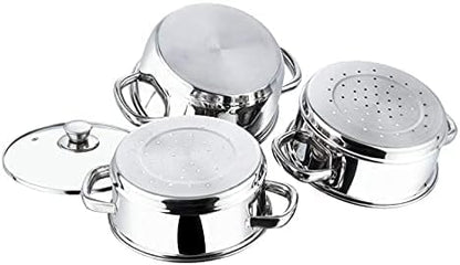 3 Tier Steamer Cooking Pan for Induction Hob, Food and Vegetable Steamer with Vented Glass Lid - 24 CM