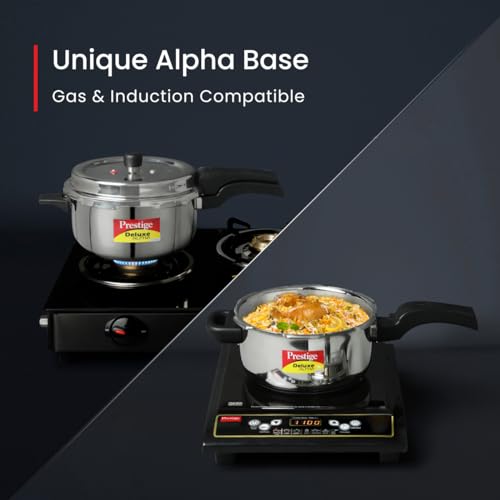 Prestige 4 Litres Svachh Deluxe Alpha Induction Base Outer Lid Stainless Steel Pressure Cooker | Deep lid controls spillage | Silver | Gasket-Release System | Straight Wall | Pressure Indicator