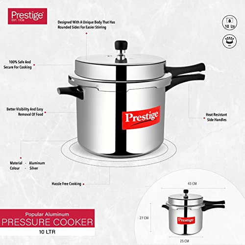 Prestige 7.5 Litres Popular Outer Lid Aluminium Pressure Cooker |Metallic Safety Plug | Gasket Release System | Silver