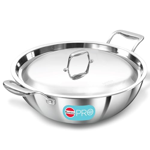 Hawkins Pro 3.5 Litre Deep-Fry Pan, Triply Stainless Steel Kadhai with Stainless Steel Handles and Stainless Steel Lid, Silver (PSK35S)