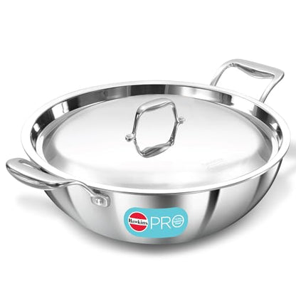 Hawkins Pro 3.5 Litre Deep-Fry Pan, Triply Stainless Steel Kadhai with Stainless Steel Handles and Stainless Steel Lid, Silver (PSK35S)