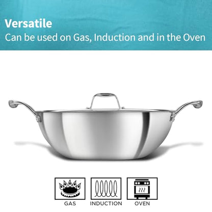 Hawkins Pro 3.5 Litre Deep-Fry Pan, Triply Stainless Steel Kadhai with Stainless Steel Handles and Stainless Steel Lid, Silver (PSK35S)