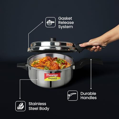 Prestige 4 Litres Svachh Deluxe Alpha Induction Base Outer Lid Stainless Steel Pressure Cooker | Deep lid controls spillage | Silver | Gasket-Release System | Straight Wall | Pressure Indicator