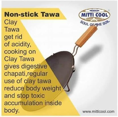 Mitti Mitti Non Stick Clay Tawa with Handle, Earthen Clay Roti Tawa/Frying Pan/Appa Chatty Cooking Pre-Seasoned Pottery Black for roti (10 inch) Black
