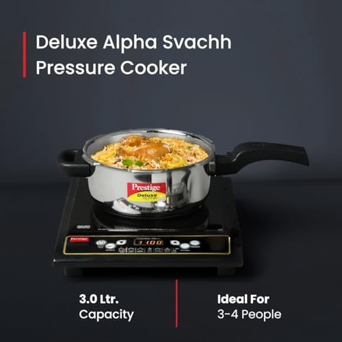 Prestige 4 Litres Svachh Deluxe Alpha Induction Base Outer Lid Stainless Steel Pressure Cooker | Deep lid controls spillage | Silver | Gasket-Release System | Straight Wall | Pressure Indicator