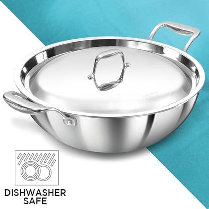 Hawkins Pro 3.5 Litre Deep-Fry Pan, Triply Stainless Steel Kadhai with Stainless Steel Handles and Stainless Steel Lid, Silver (PSK35S)