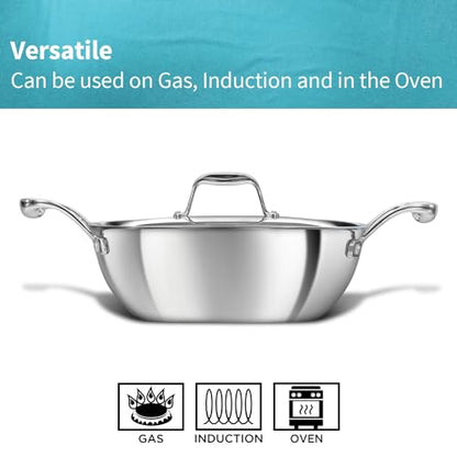 Hawkins Pro 3.5 Litre Deep-Fry Pan, Triply Stainless Steel Kadhai with Stainless Steel Handles and Stainless Steel Lid, Silver (PSK35S)