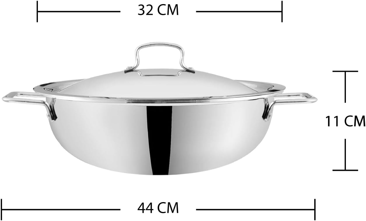 VINOD Platinum TRIPLY Stainless Steel Extra DEEP KADAI/KADHAI with Stainless Steel LID - 8 LITERS (32 CM), VTK032, Cooking Pot, FRYPAN, Casserole