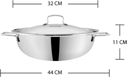 VINOD Platinum TRIPLY Stainless Steel Extra DEEP KADAI/KADHAI with Stainless Steel LID - 8 LITERS (32 CM), VTK032, Cooking Pot, FRYPAN, Casserole