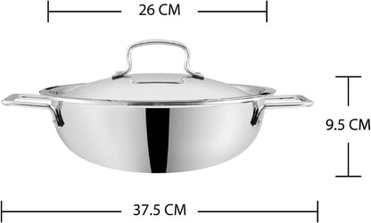 Vinod Platinum Triply Stainless Steel Kadai | Suitable for Indian Cooking, Sauces, Stews, Soups | Extra Deep | Induction, Electric Friendly (26cm)