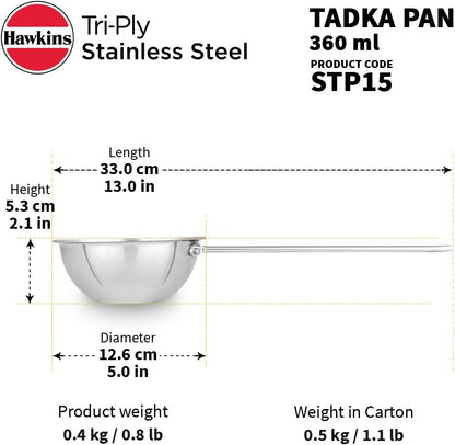 Hawkins Tadka Pan, Triply Stainless Steel Pan, Induction Pan, Silver 1.5 Cup , 2.5 Cup STP15 STP25