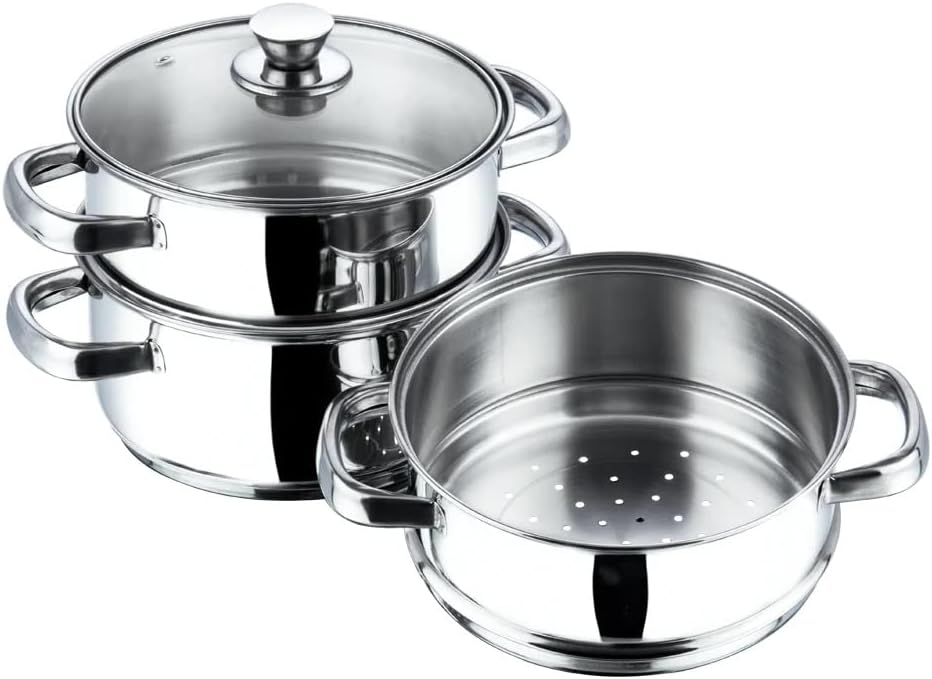 3 Tier Steamer Cooking Pan for Induction Hob, Food and Vegetable Steamer with Vented Glass Lid - 24 CM