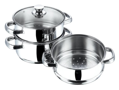 3 Tier Steamer Cooking Pan for Induction Hob, Food and Vegetable Steamer with Vented Glass Lid - 24 CM