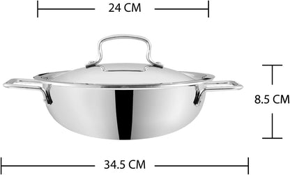 Vinod Platinum Triply Stainless Steel Extra Deep Kadai | Suitable for Indian Cooking, Sauces, Stews, Soups | Induction, Electric Friendly (24cm)