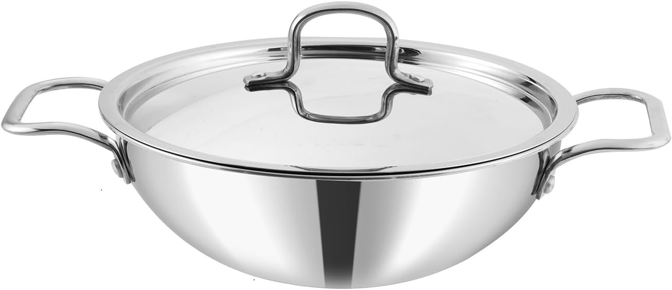 Vinod Triply Stainless Steel Cookware Kadai with Stainless Steel Handled lid Wok for Stir Fry Cooking (Diameter 18 cm)