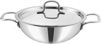 Vinod Triply Stainless Steel Cookware Kadai with Stainless Steel Handled lid Wok for Stir Fry Cooking (Diameter 18 cm)