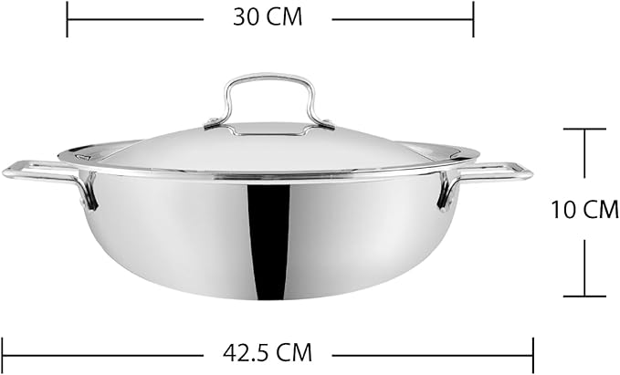 VINOD Platinum TRIPLY Stainless Steel Extra DEEP KADAI/KADHAI with Stainless Steel LID - 5.5 LITERS (30 CM), VTK030, Cooking Pot, FRYPAN, Casserole