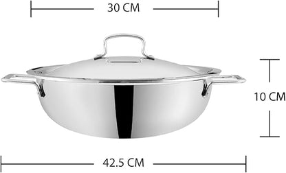VINOD Platinum TRIPLY Stainless Steel Extra DEEP KADAI/KADHAI with Stainless Steel LID - 5.5 LITERS (30 CM), VTK030, Cooking Pot, FRYPAN, Casserole