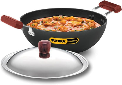 Hawkins Non-Stick Induction Compatible Flat Bottom Deep Kadhai with Stainless Steel Lid, 3.5 Litre Capacity