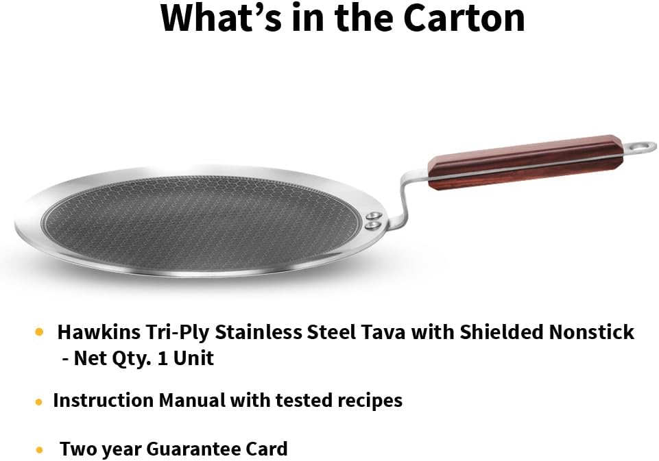 Hawkins 26 cm Paratha Tava, Triply Stainless Steel Shielded Nonstick Tawa with Rosewood Handle, Honeycomb Non Stick Induction Tawa, Silver (NSPT26)
