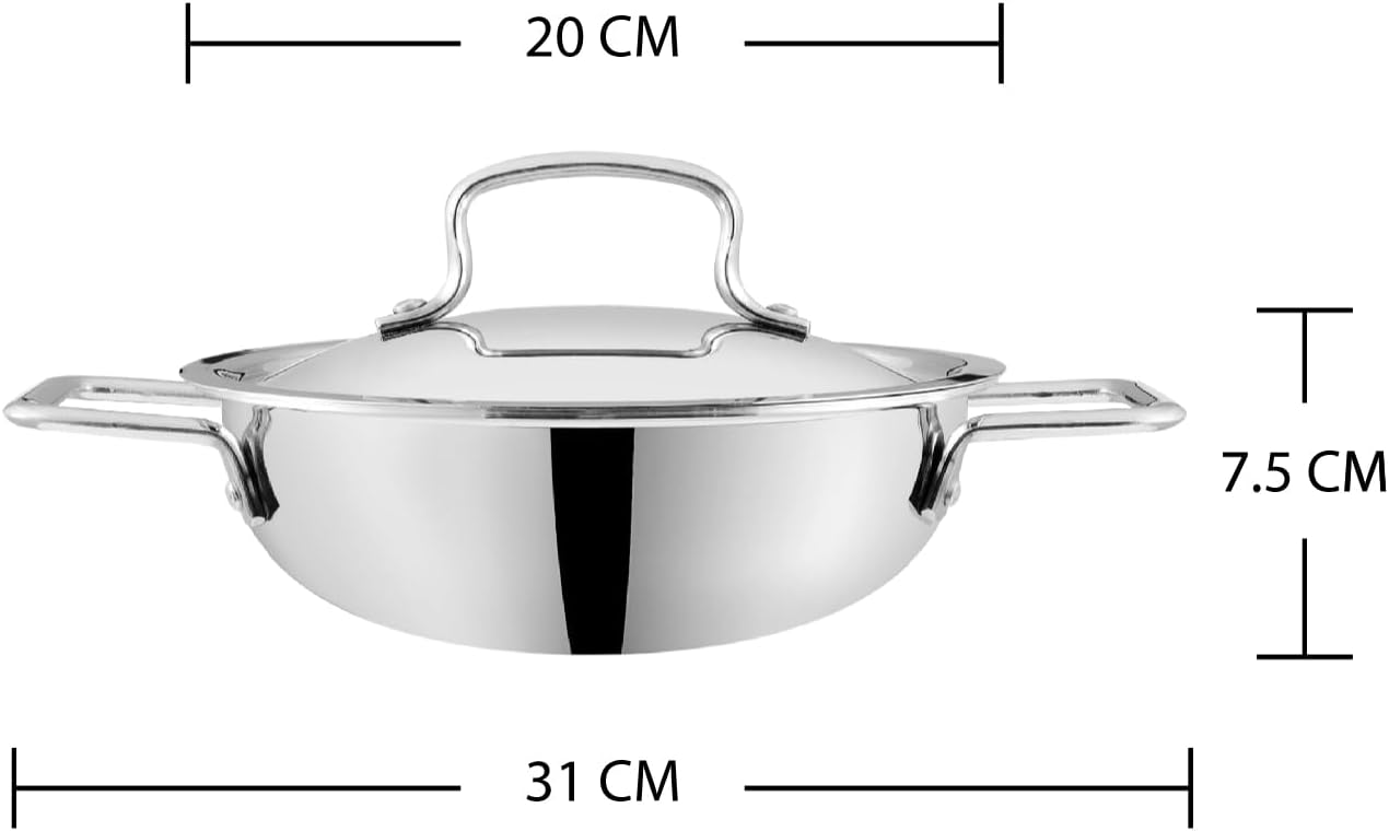 VINOD Platinum TRIPLY Stainless Steel Extra DEEP KADAI/KADHAI with Stainless Steel LID - 1.5 litres (20 CM), VTK020, Cooking Pot, FRYPAN, Casserole