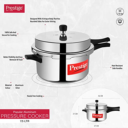 Prestige 7.5 Litres Popular Outer Lid Aluminium Pressure Cooker |Metallic Safety Plug | Gasket Release System | Silver
