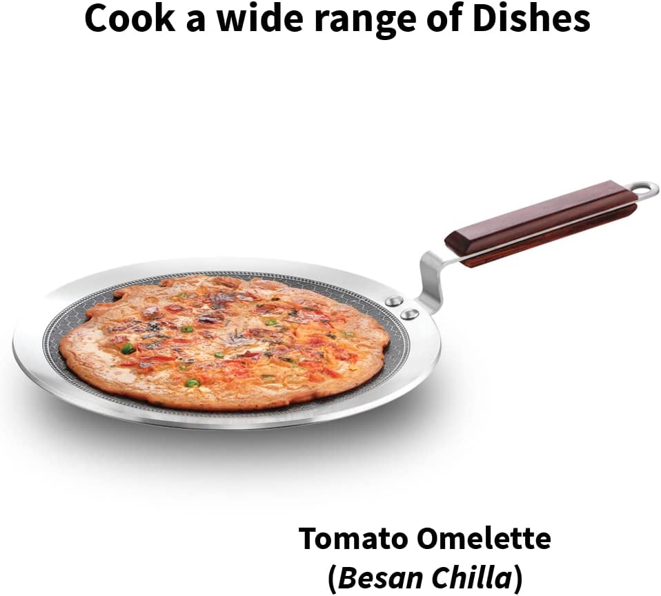 Hawkins 26 cm Paratha Tava, Triply Stainless Steel Shielded Nonstick Tawa with Rosewood Handle, Honeycomb Non Stick Induction Tawa, Silver (NSPT26)