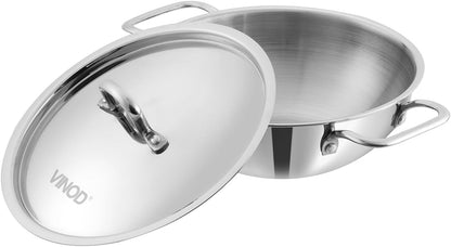 Vinod Triply Stainless Steel Cookware Kadai with Stainless Steel Handled lid Wok for Stir Fry Cooking (Diameter 18 cm)