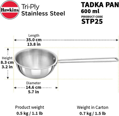 Hawkins Tadka Pan, Triply Stainless Steel Pan, Induction Pan, Silver 1.5 Cup , 2.5 Cup STP15 STP25