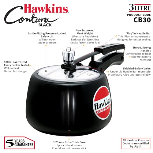 Hawkins 6.5 Litre Contura Black Pressure Cooker, Hard Anodised Inner Lid Cooker, Handi Cooker, Black (CB65)