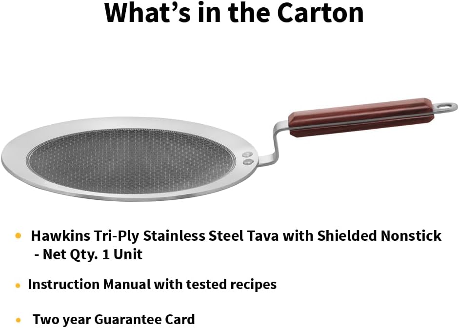 Hawkins Paratha Tawa, Triply Stainless Steel Shielded Nonstick Tawa with Rosewood Handle, Honeycomb Non Stick Induction Tawa, Silver 24 cm / 26 cm (NSPT24) (NSPT26)