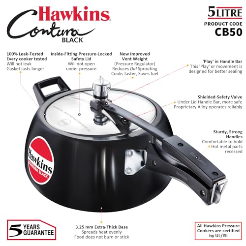 Hawkins 6.5 Litre Contura Black Pressure Cooker, Hard Anodised Inner Lid Cooker, Handi Cooker, Black (CB65)